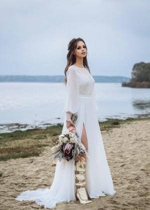 Ivory Eyelash Lace Chiffon Tie Back Bohemian Wedding Dress